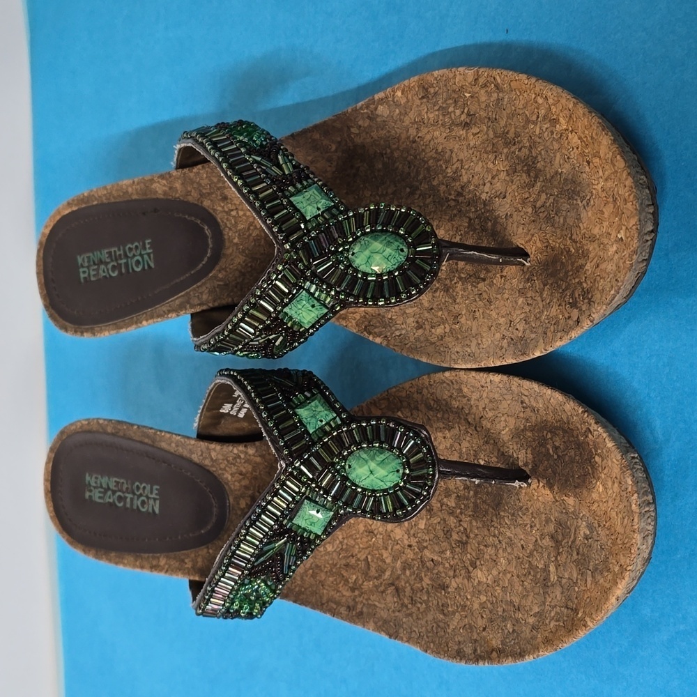 Kenneth Cole Reaction Turquoise Beaded Woven Cork Wedge Thong Sandals Shoes - Picture 2 of 11